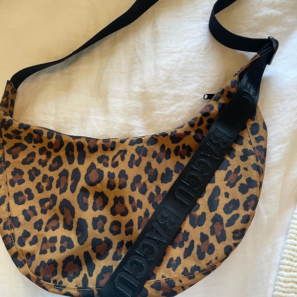 BAGGU Handbags - BAGGU Leopard Print Shoulder Small Nylon Crescent Bag - Black and Brown